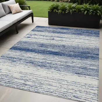 5' X 8' Navy Blue And Ivory Striped Washable Indoor Outdoor Area Rug