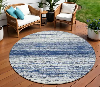 8' Navy Blue And Ivory Round Striped Washable Indoor Outdoor Area Rug
