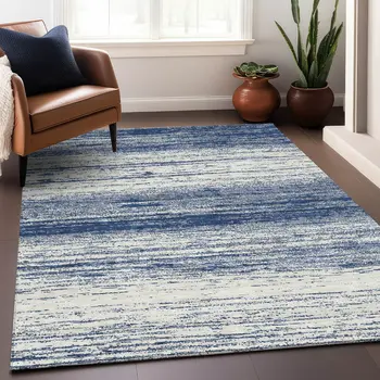 8' X 10' Navy Blue And Ivory Striped Washable Indoor Outdoor Area Rug