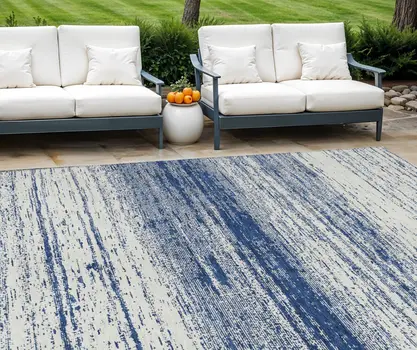 10' X 14' Navy Blue And Ivory Striped Washable Indoor Outdoor Area Rug