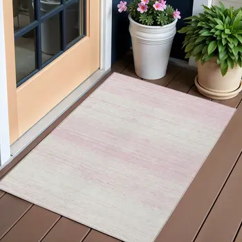 3' X 5' Pink And Ivory Striped Washable Indoor Outdoor Area Rug