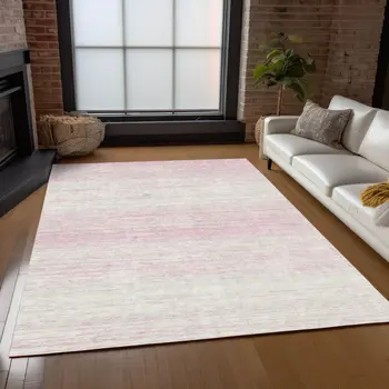 10' X 14' Pink And Ivory Striped Washable Indoor Outdoor Area Rug