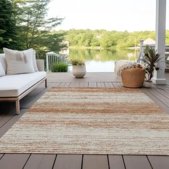 5' X 8' Orange And Beige Striped Washable Indoor Outdoor Area Rug