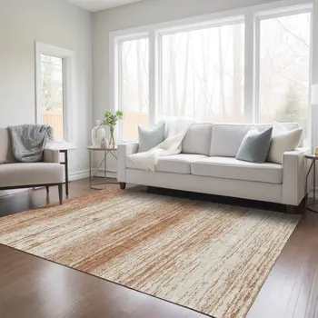 5' X 8' Orange And Beige Striped Washable Indoor Outdoor Area Rug