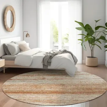 8' Orange And Beige Round Striped Washable Indoor Outdoor Area Rug