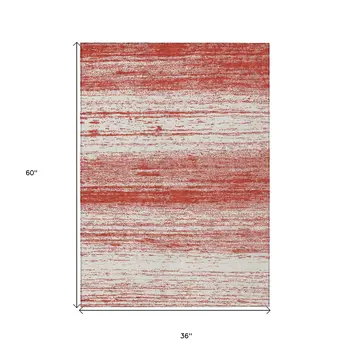 3' X 5' Red And Ivory Striped Washable Indoor Outdoor Area Rug