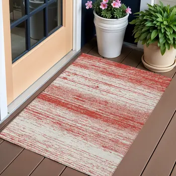 3' X 5' Red And Ivory Striped Washable Indoor Outdoor Area Rug