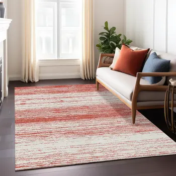 3' X 5' Red And Ivory Striped Washable Indoor Outdoor Area Rug