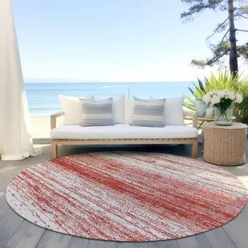 8' Red And Ivory Round Striped Washable Indoor Outdoor Area Rug