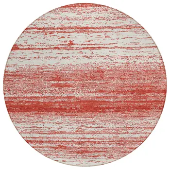 8' Red And Ivory Round Striped Washable Indoor Outdoor Area Rug