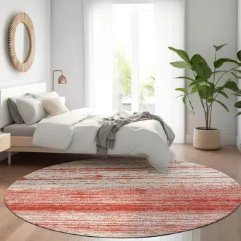 8' Red And Ivory Round Striped Washable Indoor Outdoor Area Rug