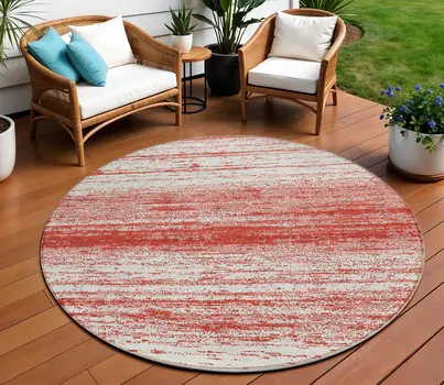 8' Red And Ivory Round Striped Washable Indoor Outdoor Area Rug