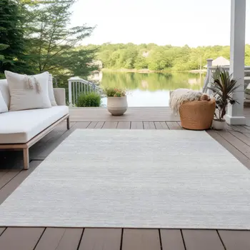 10' X 14' Silver And Gray Striped Washable Indoor Outdoor Area Rug