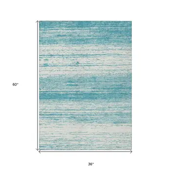 3' X 5' Teal Blue And Ivory Striped Washable Indoor Outdoor Area Rug