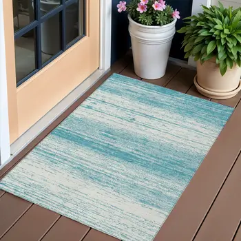 3' X 5' Teal Blue And Ivory Striped Washable Indoor Outdoor Area Rug