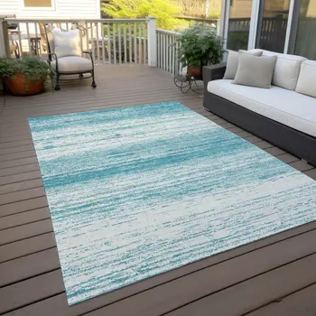 3' X 5' Teal Blue And Ivory Striped Washable Indoor Outdoor Area Rug
