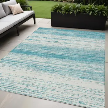 5' X 8' Teal Blue And Ivory Striped Washable Indoor Outdoor Area Rug