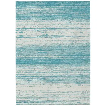 5' X 8' Teal Blue And Ivory Striped Washable Indoor Outdoor Area Rug