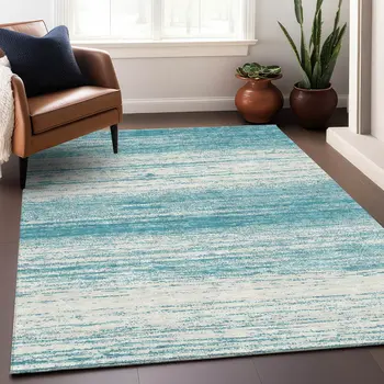 5' X 8' Teal Blue And Ivory Striped Washable Indoor Outdoor Area Rug