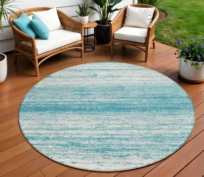 8' Teal Blue And Ivory Round Striped Washable Indoor Outdoor Area Rug