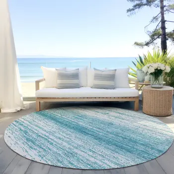8' Teal Blue And Ivory Round Striped Washable Indoor Outdoor Area Rug