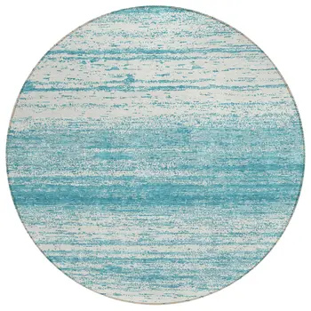 8' Teal Blue And Ivory Round Striped Washable Indoor Outdoor Area Rug