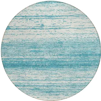 8' Teal Blue And Ivory Round Striped Washable Indoor Outdoor Area Rug