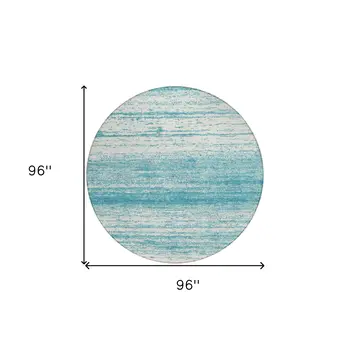 8' Teal Blue And Ivory Round Striped Washable Indoor Outdoor Area Rug
