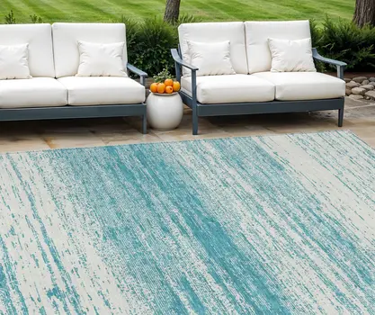 8' X 10' Teal Blue And Ivory Striped Washable Indoor Outdoor Area Rug