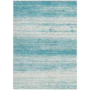 9' X 12' Teal Blue And Ivory Striped Washable Indoor Outdoor Area Rug