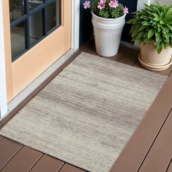 3' X 5' Taupe And Beige Striped Washable Indoor Outdoor Area Rug