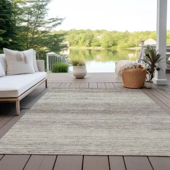 10' X 14' Taupe And Beige Striped Washable Indoor Outdoor Area Rug