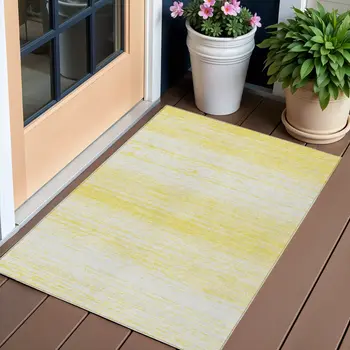 3' X 5' Yellow And Ivory Striped Washable Indoor Outdoor Area Rug