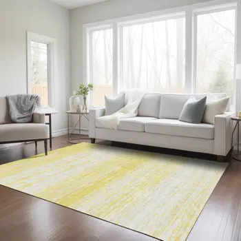 3' X 5' Yellow And Ivory Striped Washable Indoor Outdoor Area Rug