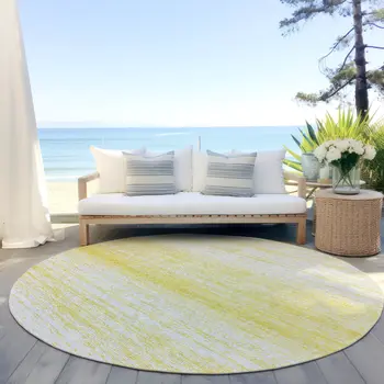 8' Yellow And Ivory Round Striped Washable Indoor Outdoor Area Rug
