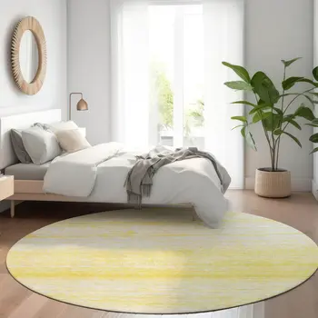 8' Yellow And Ivory Round Striped Washable Indoor Outdoor Area Rug