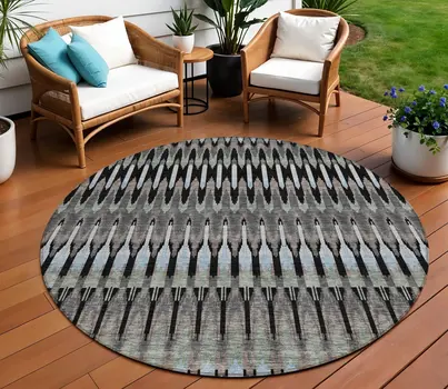 8' Black Gray And Blue Round Southwestern Washable Indoor Outdoor Area Rug