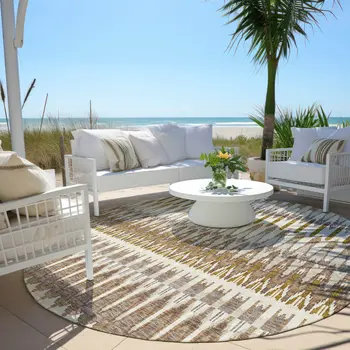 8' Brown Beige And Taupe Round Southwestern Washable Indoor Outdoor Area Rug