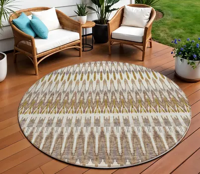 8' Brown Beige And Taupe Round Southwestern Washable Indoor Outdoor Area Rug