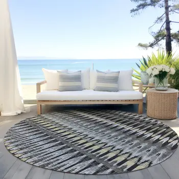 8' Charcoal Gray And Beige Round Southwestern Washable Indoor Outdoor Area Rug