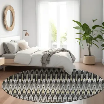 8' Charcoal Gray And Beige Round Southwestern Washable Indoor Outdoor Area Rug