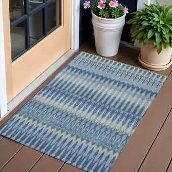 3' X 5' Denim Blue And Sky Blue Southwestern Washable Indoor Outdoor Area Rug