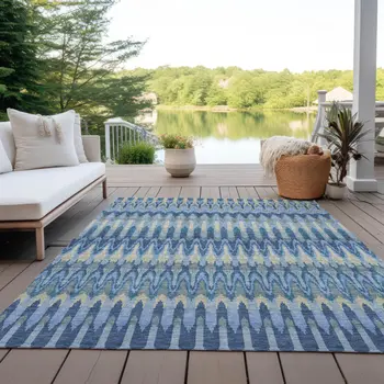 3' X 5' Denim Blue And Sky Blue Southwestern Washable Indoor Outdoor Area Rug