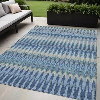 5' X 8' Denim Blue And Sky Blue Southwestern Washable Indoor Outdoor Area Rug