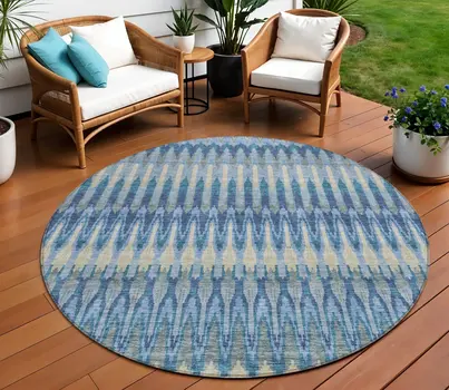 8' Denim Blue And Sky Blue Round Southwestern Washable Indoor Outdoor Area Rug