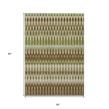 3' X 5' Artichoke Green And Brown Southwestern Washable Indoor Outdoor Area Rug