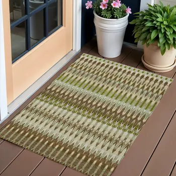 3' X 5' Artichoke Green And Brown Southwestern Washable Indoor Outdoor Area Rug