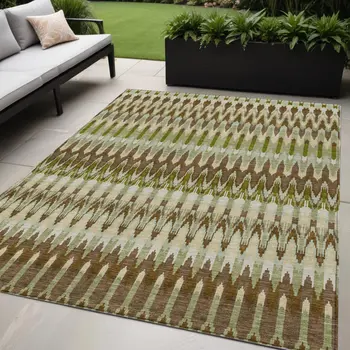 5' X 8' Artichoke Green And Brown Southwestern Washable Indoor Outdoor Area Rug