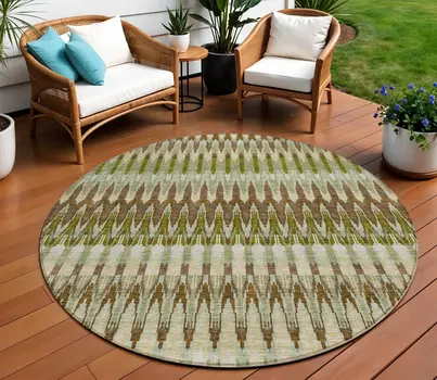 8' Artichoke Green And Brown Round Southwestern Washable Indoor Outdoor Area Rug