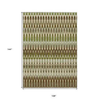9' X 12' Artichoke Green And Brown Southwestern Washable Indoor Outdoor Area Rug